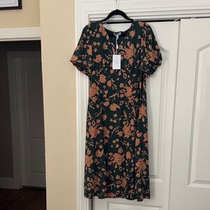 Polagram Dark Green and Orange Floral Midi Dress